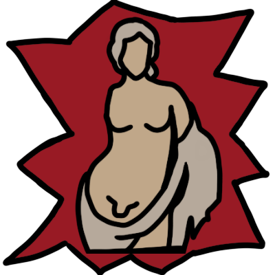 A spiky red speech bubble with a statue of Hermaphroditus inside it.